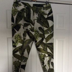 Oscar de la Renta Slim Fit Banana Leaf Palm Print Silk Pants